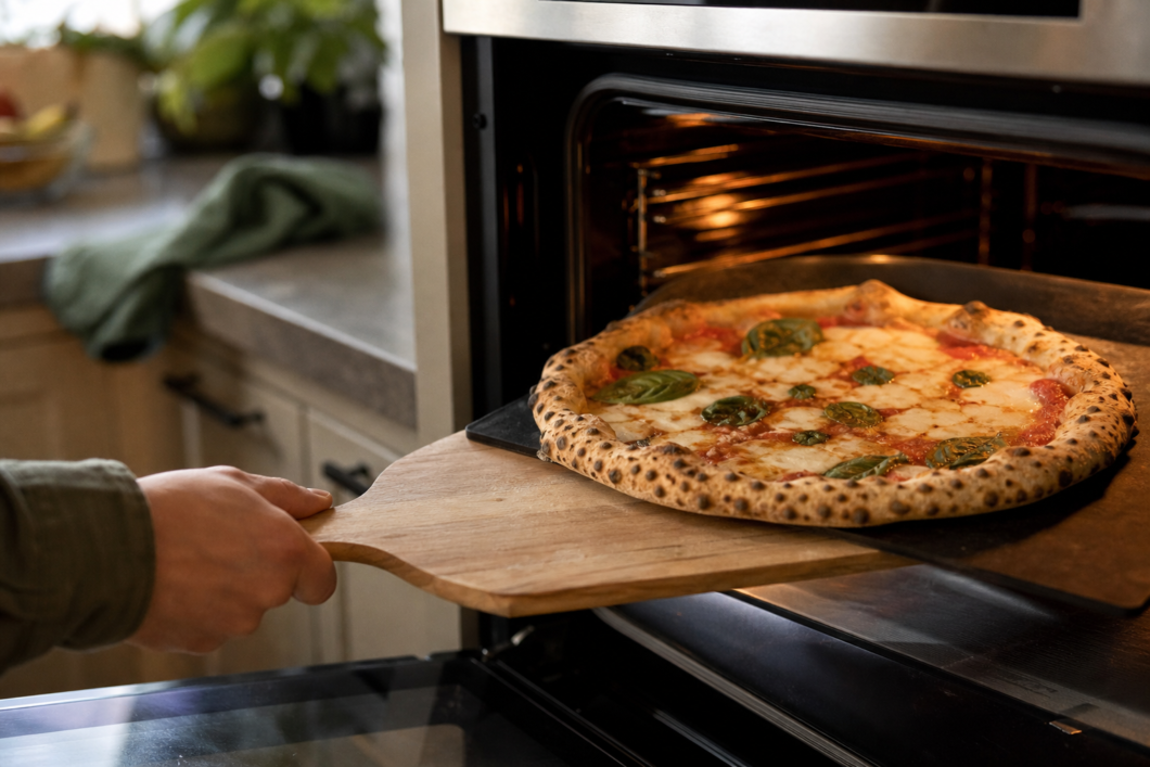 Nybagt pizza margherita med sprøde, plettede kanter trækkes ud af en almindelig hjemmeovn på et sort bagestål med en træspade