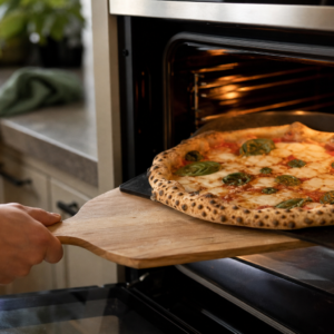 Nybagt pizza margherita med sprøde, plettede kanter trækkes ud af en almindelig hjemmeovn på et sort bagestål med en træspade