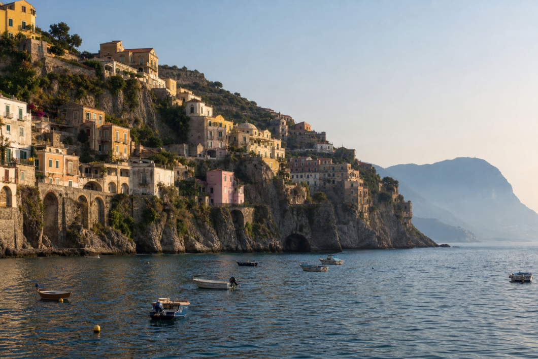 Italiensk klippeby ved Middelhavet set fra vandet i morgenlys