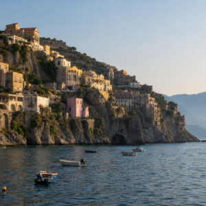 Italiensk klippeby ved Middelhavet set fra vandet i morgenlys