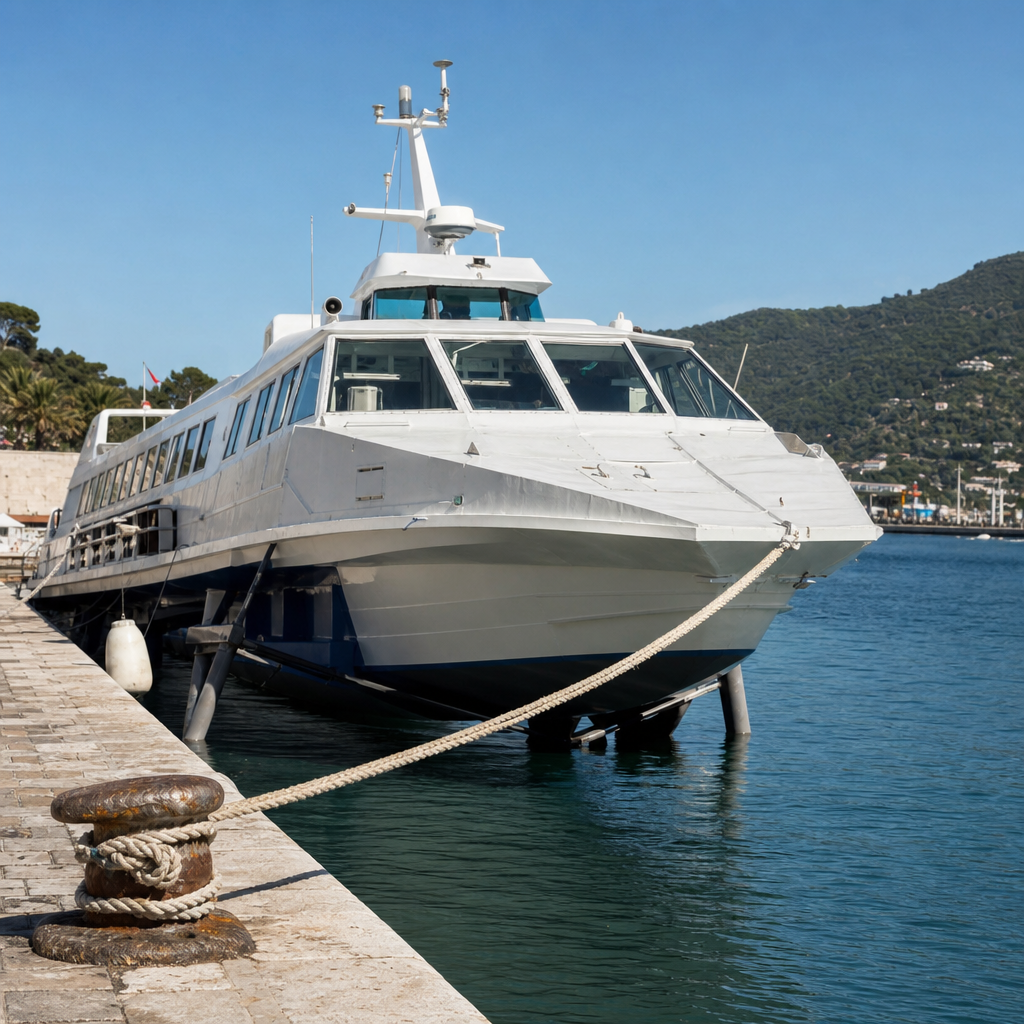 Hydrofoil ligger til kaj i en italiensk havn i klart dagslys